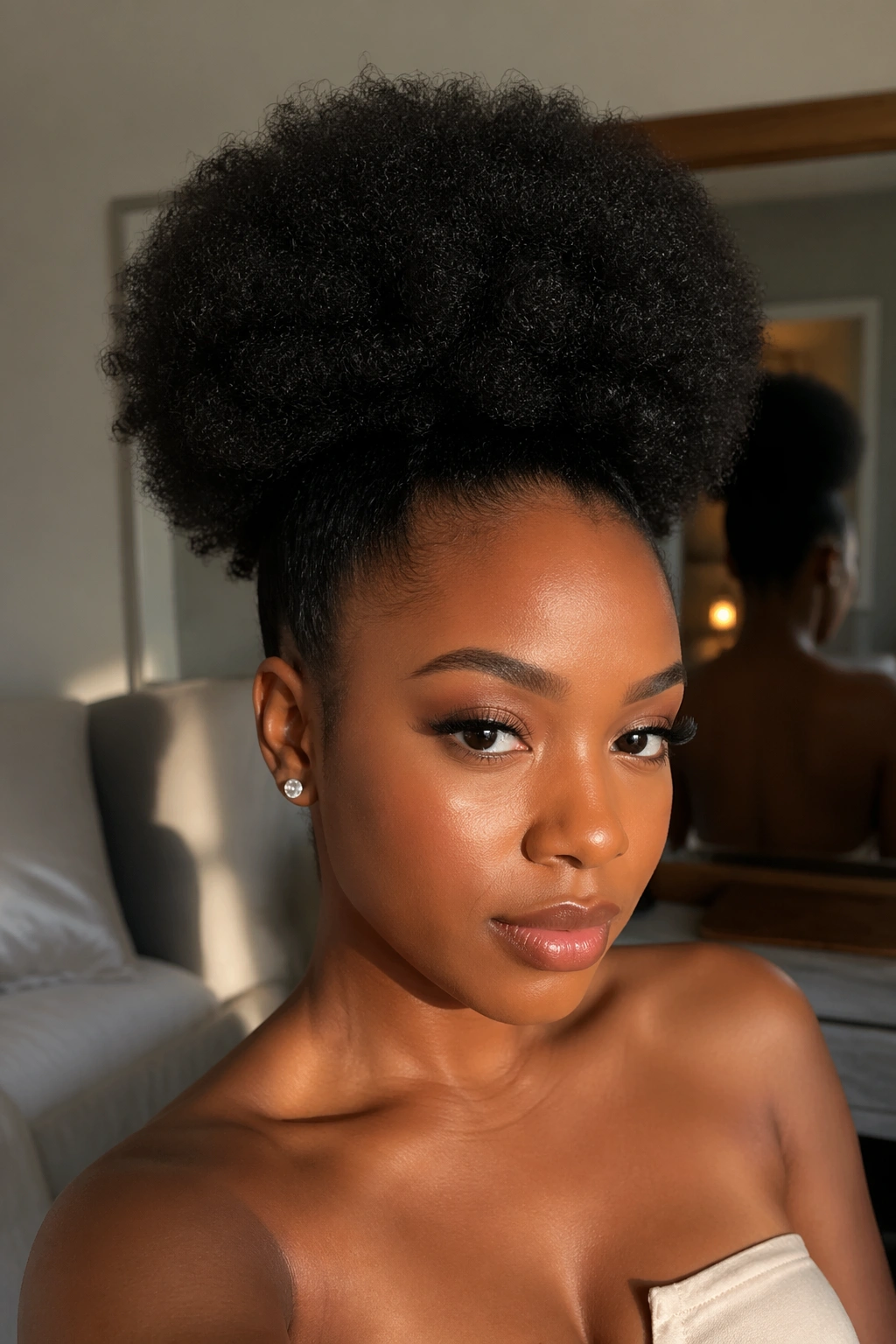 Close-up of a real Black woman with a stretched Afro puff ponytail in warm bedroom light