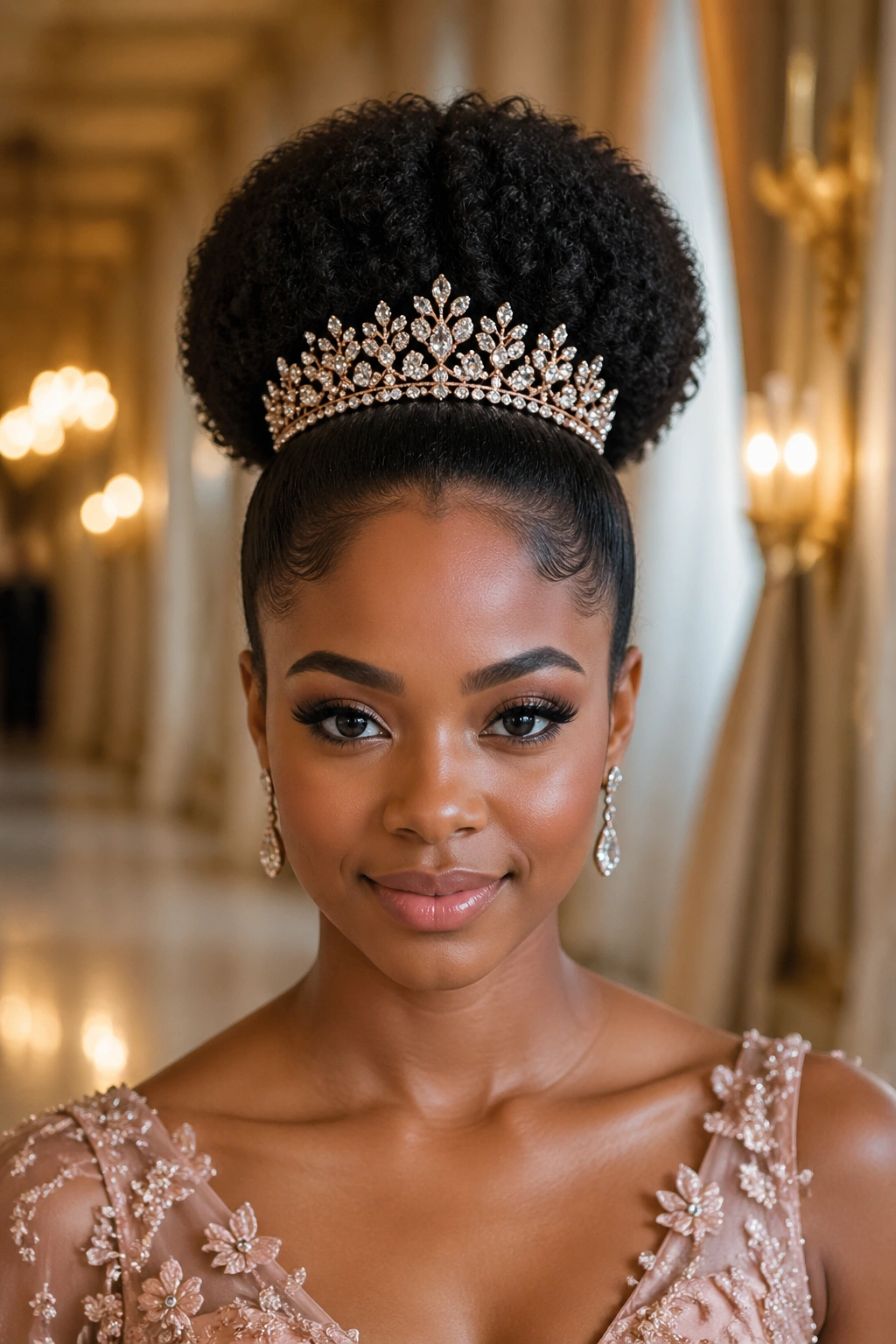 Portrait of real woman with symmetric afro puff and quinceañera tiara