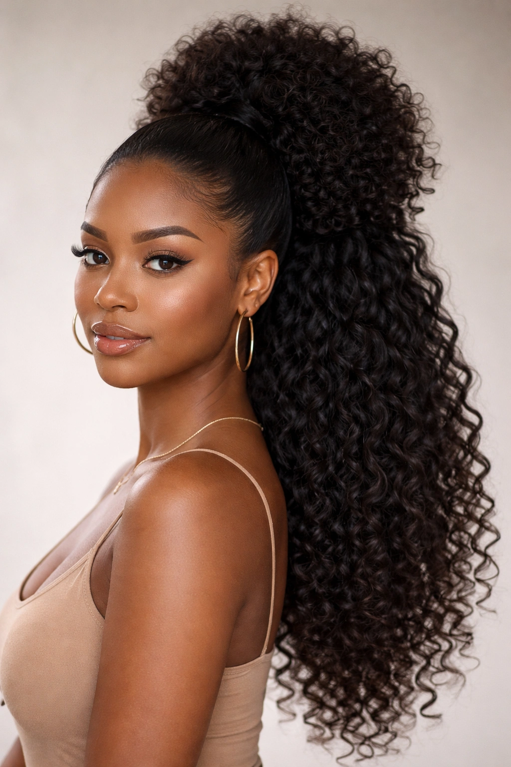 Close-up of a high-volume afro puff ponytail with long curly weave and textured base