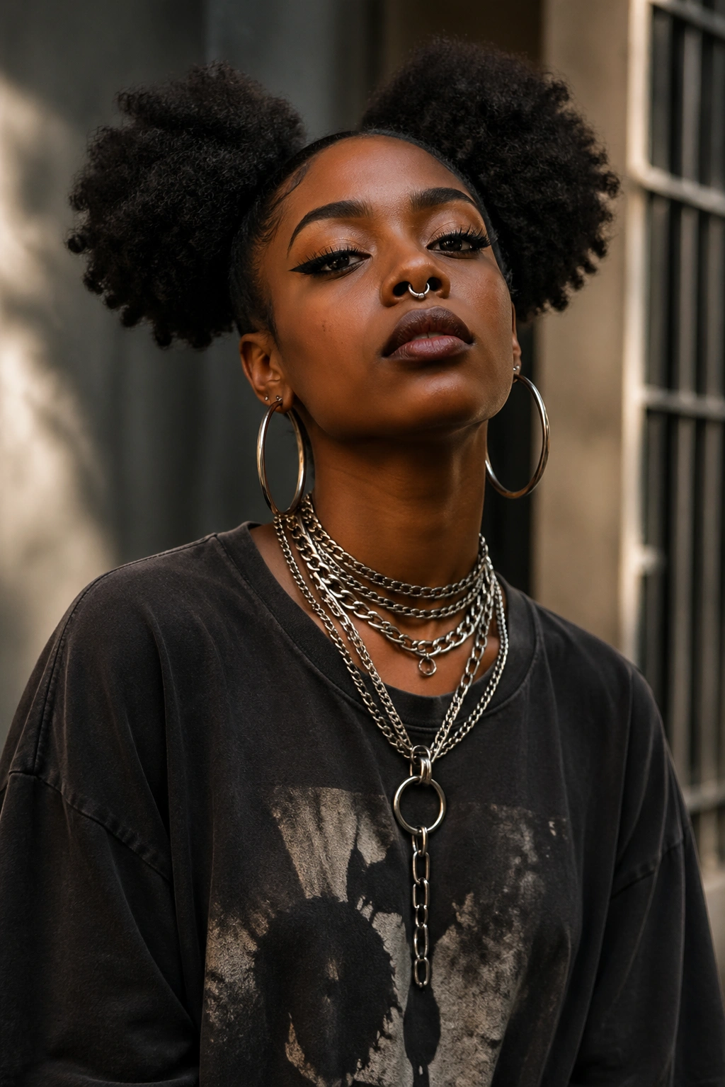 Two afro puffs with chainwork and a band tee on a real Black woman.