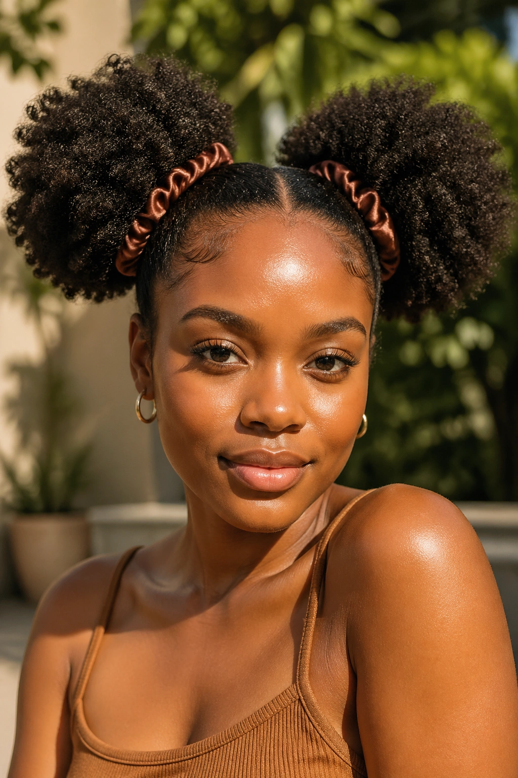 Close-up of a person with two voluminous afro puffs at the temples outdoors