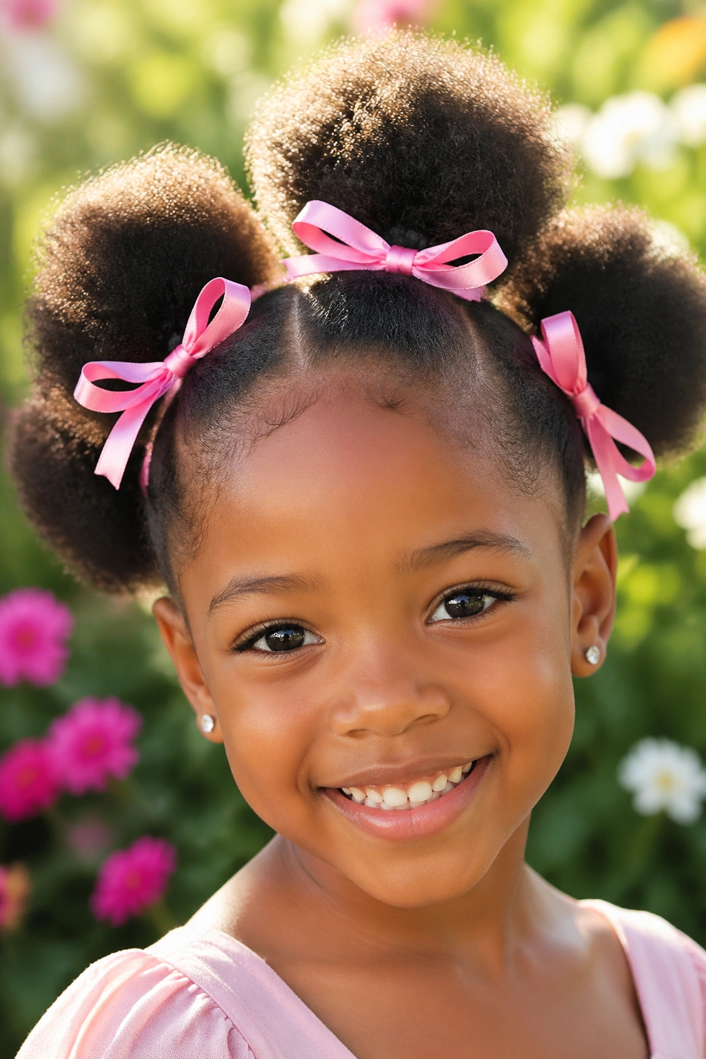 Close-up of afro puffs with ribbons on a child's head