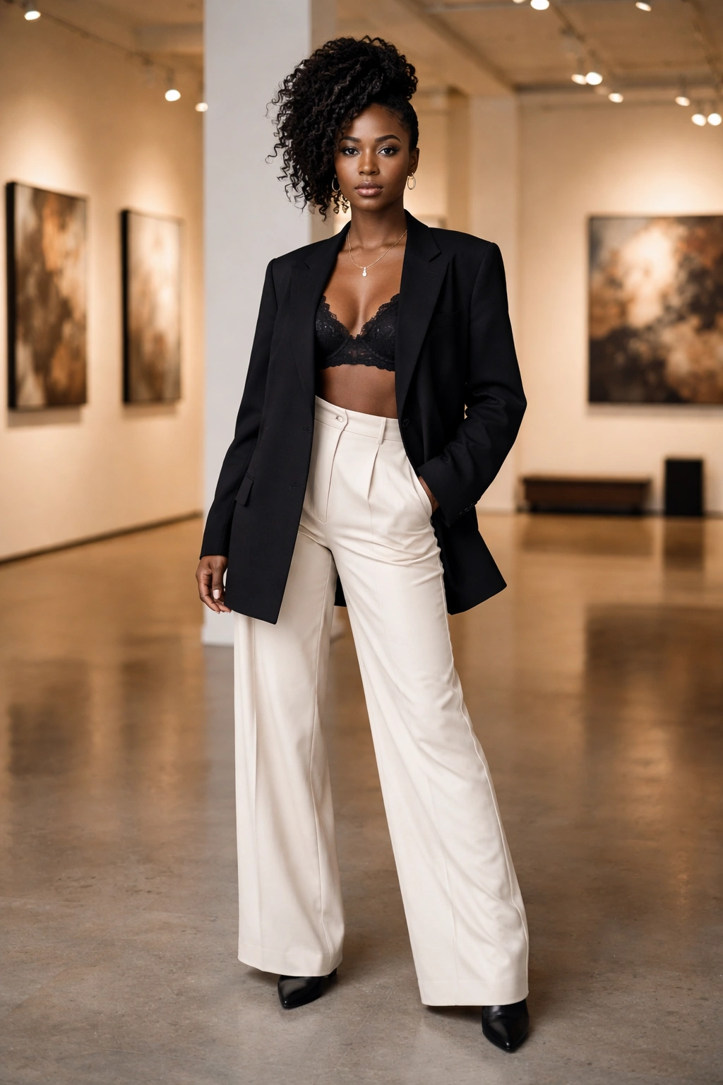 Real woman in oversized blazer, bralette, and wide-leg trousers in a gallery setting
