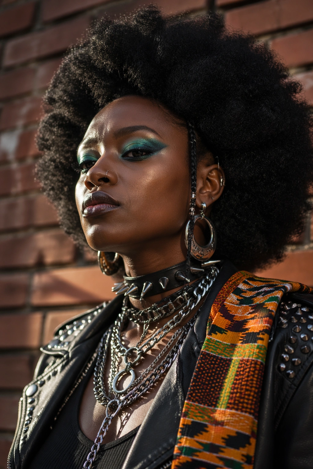 Portrait of a woman with bold afro punk styling against an urban brick wall