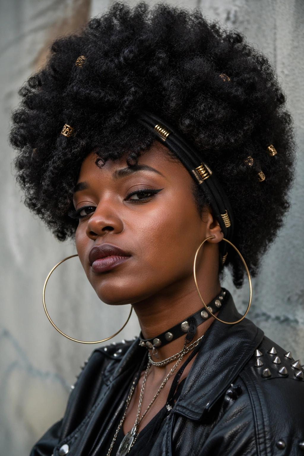 Close-up of a real woman with a large afro as the focal point