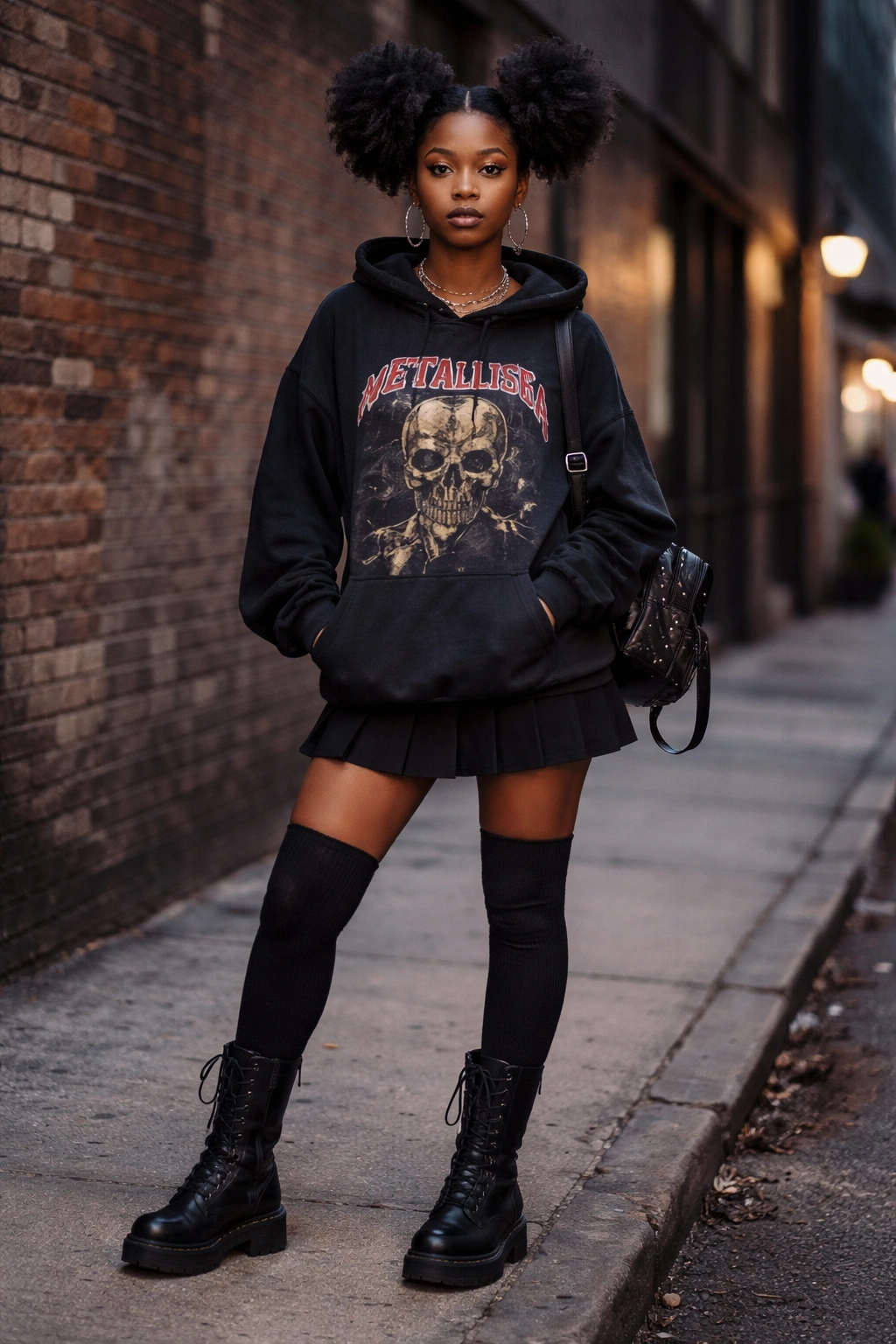 Real woman in oversized vintage band hoodie over a black mini skirt with thigh-high socks and combat boots on an urban street
