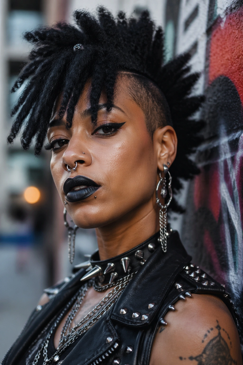 Close-up portrait of a real person expressing personal Afro Punk identity on an urban street