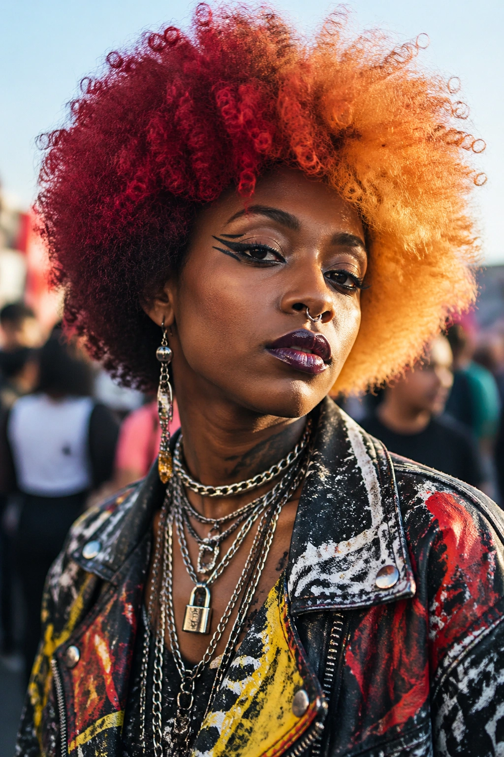 Portrait of a Black woman with vivid ombre Afro and layered jewelry at a festival.