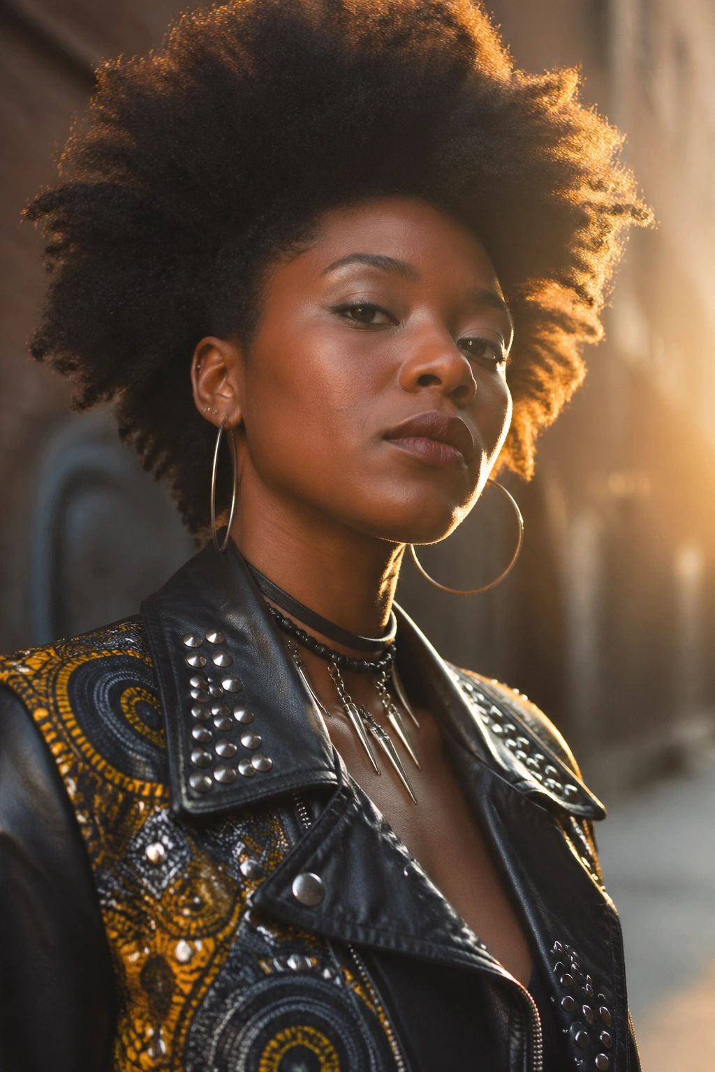 Close-up portrait of a Black woman with a natural afro and leather jacket in an urban alley, Afro Punk aesthetic.