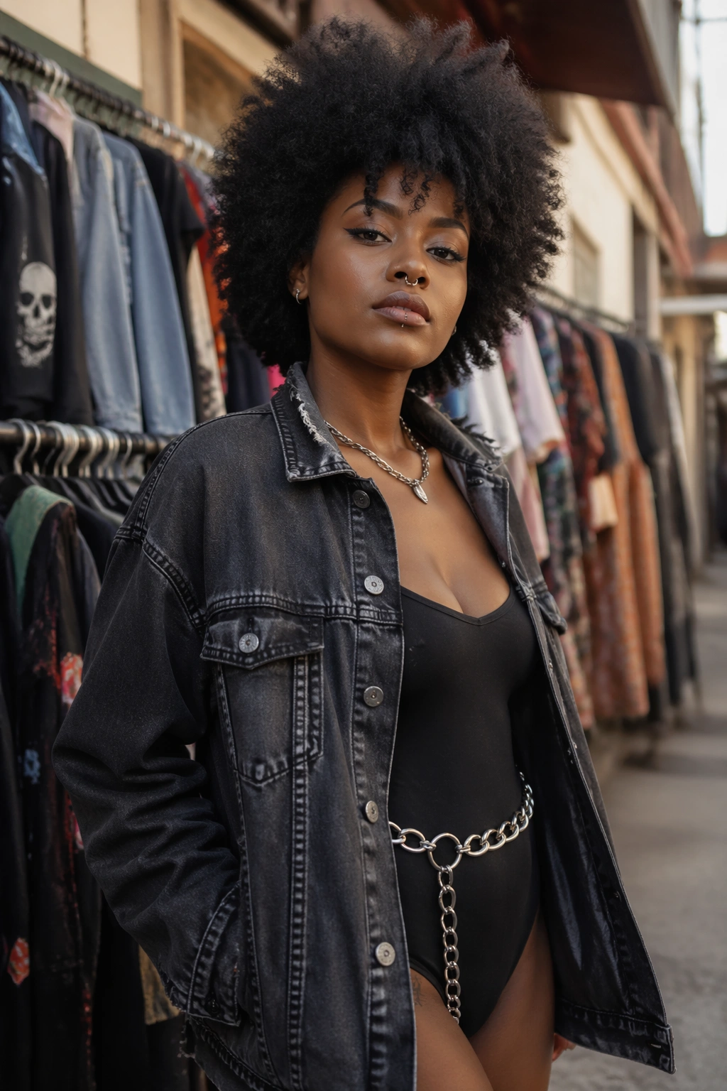 Real person showcasing foundation pieces for Afro Punk wardrobe in urban setting