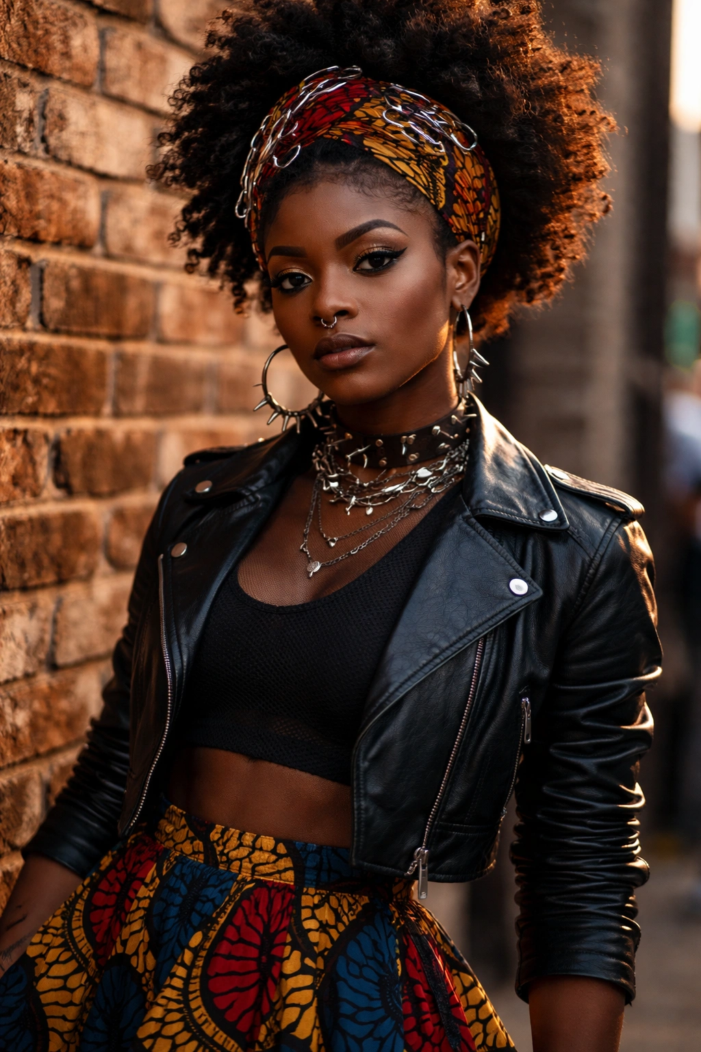 Close-up portrait of a Black woman in Afro Punk Wardrobe with headwrap and Ankara skirt, urban backdrop