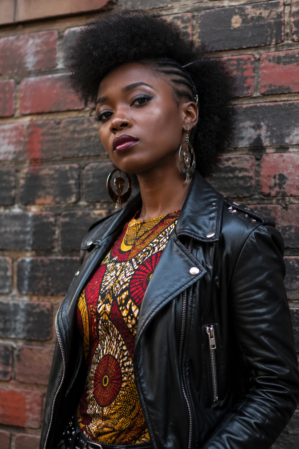 Woman wearing black leather jacket and Ankara print top against brick wall.