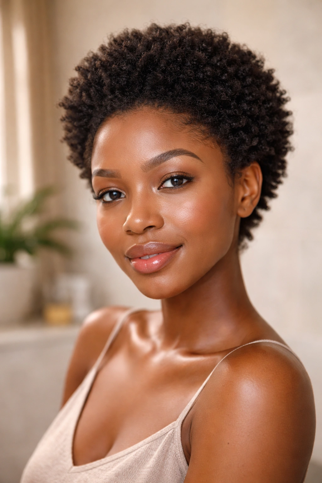 Portrait of a real person with a small Afro in a bathroom setting.