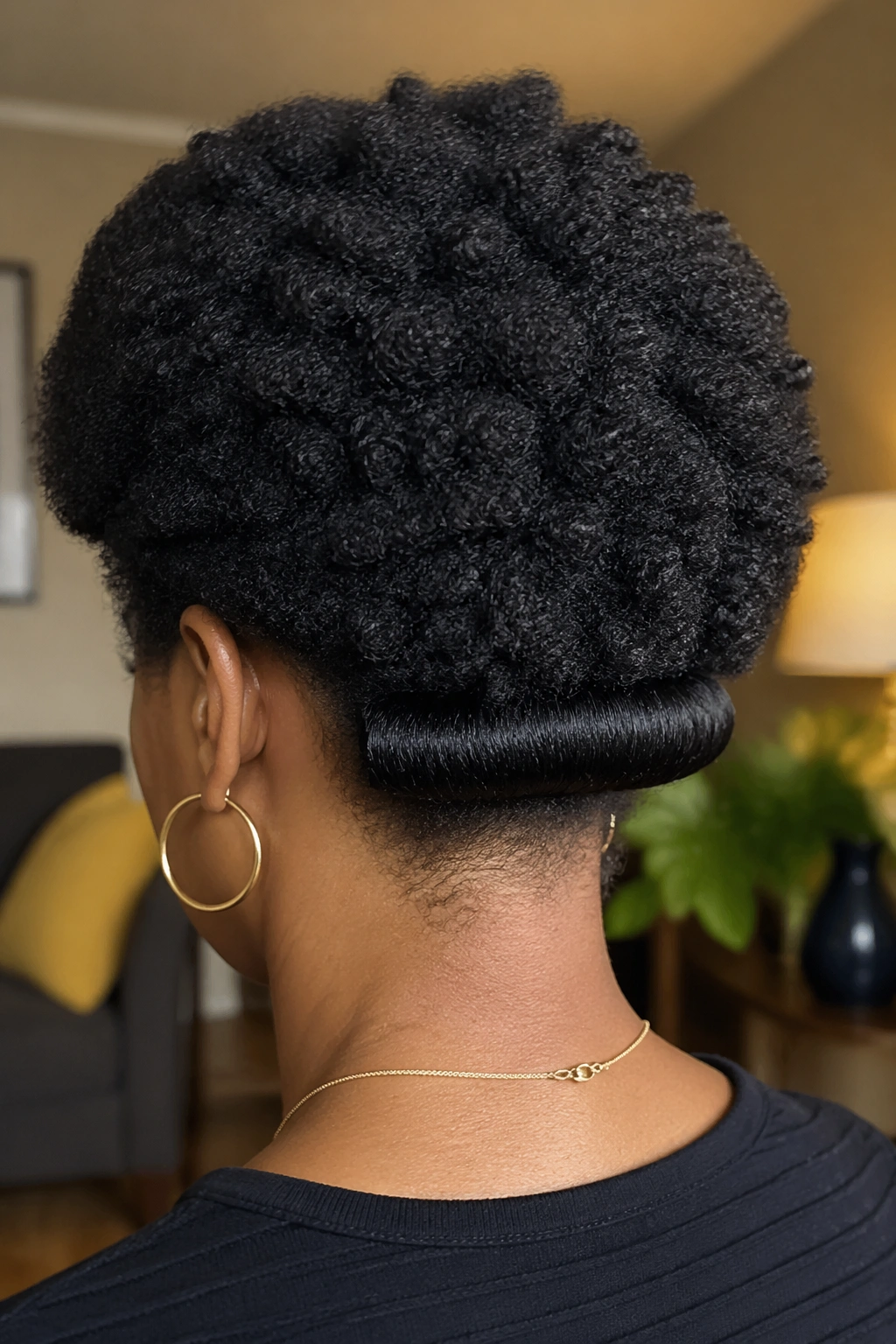 Back-of-head close-up of a real woman with an afro roll under