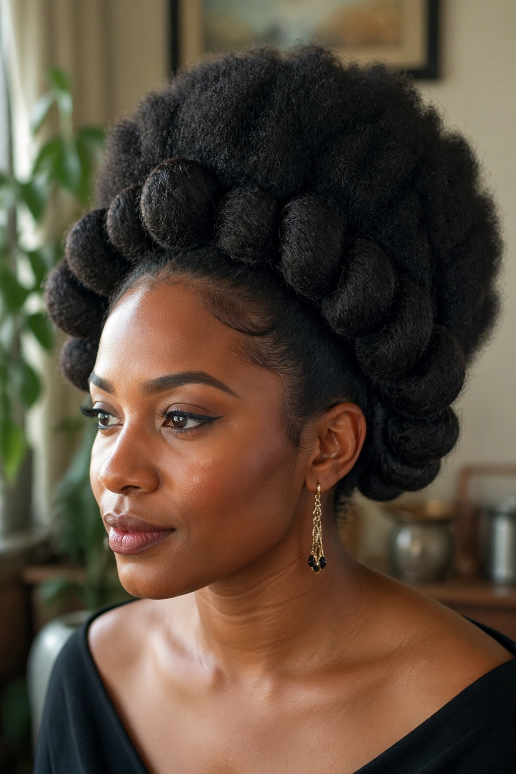 Close-up of a real woman with rolled and pinned afro sections forming a dome