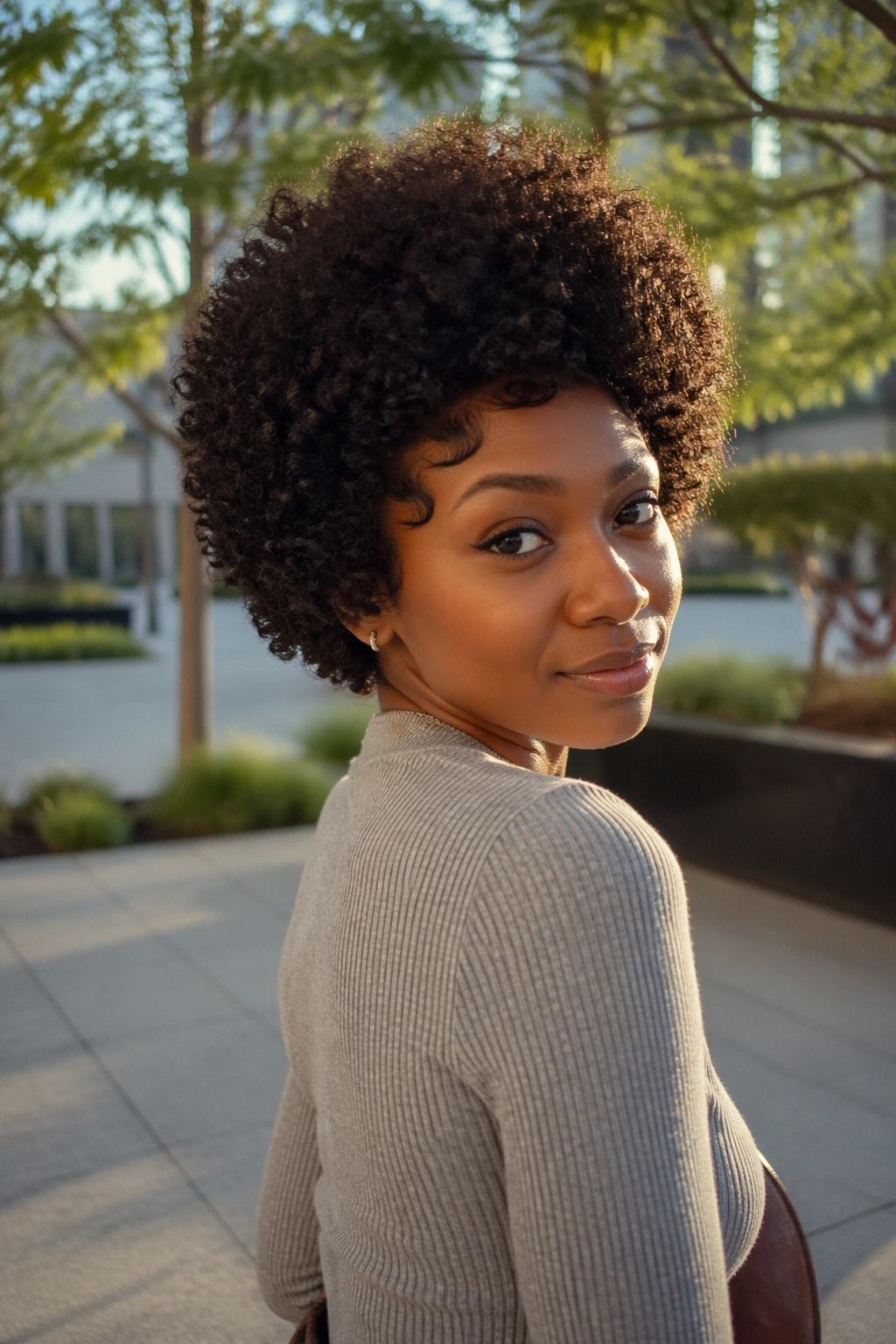 Rounded afro-style short lace-front wig outdoors