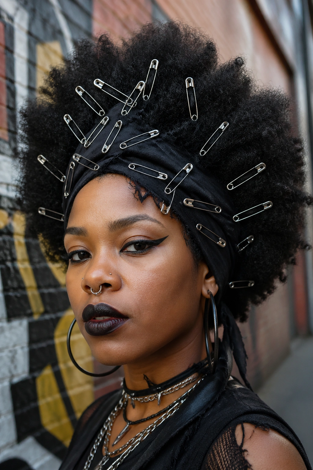 Close-up of an Afro with a DIY safety-pin headwrap