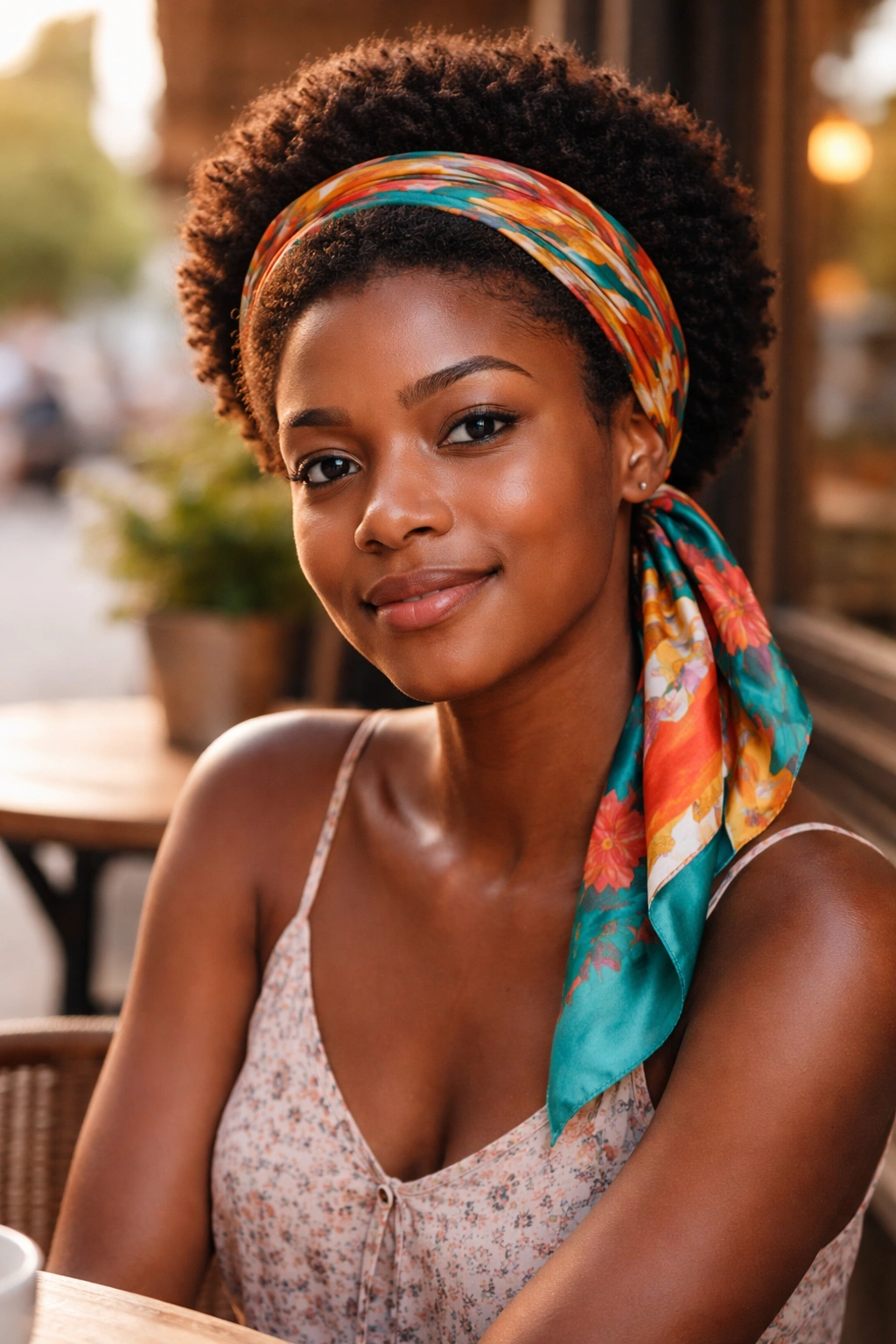 Real person with a halo scarf around a small afro in warm afternoon light.