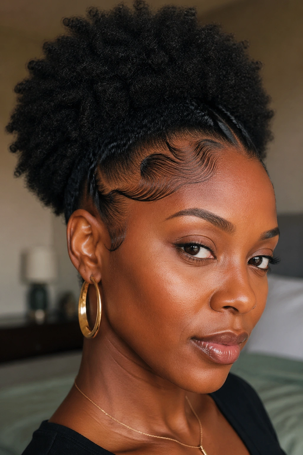 Close-up portrait of a real woman with a grown-out afro and sculptural edges along the hairline