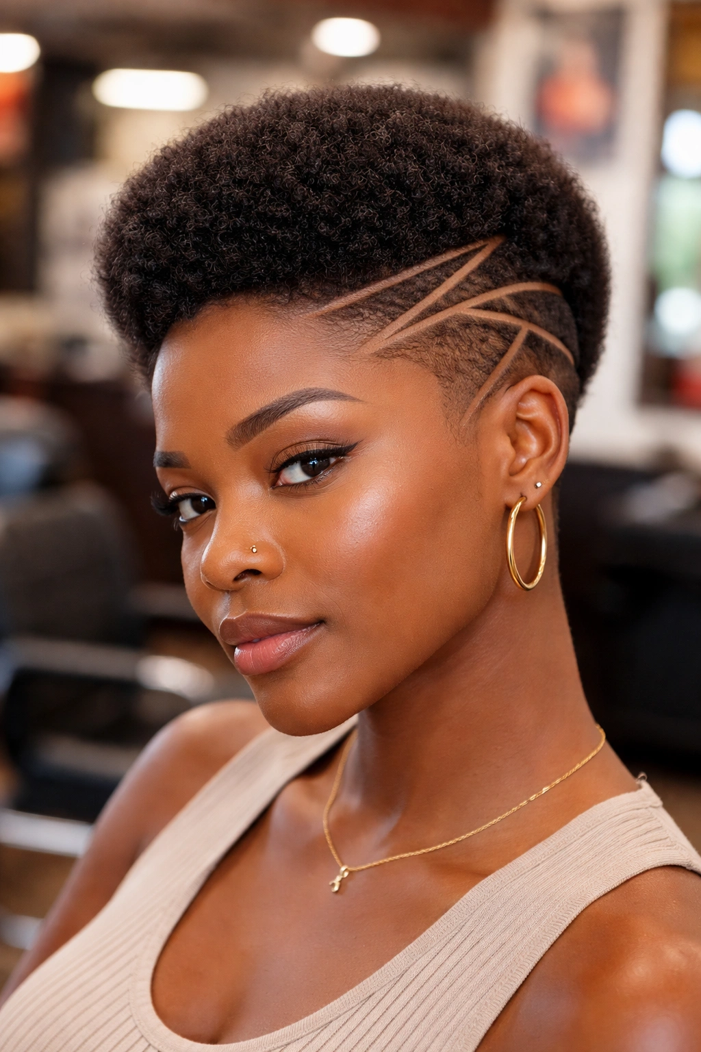 Real woman with natural Afro and shaved crown designs close-up portrait