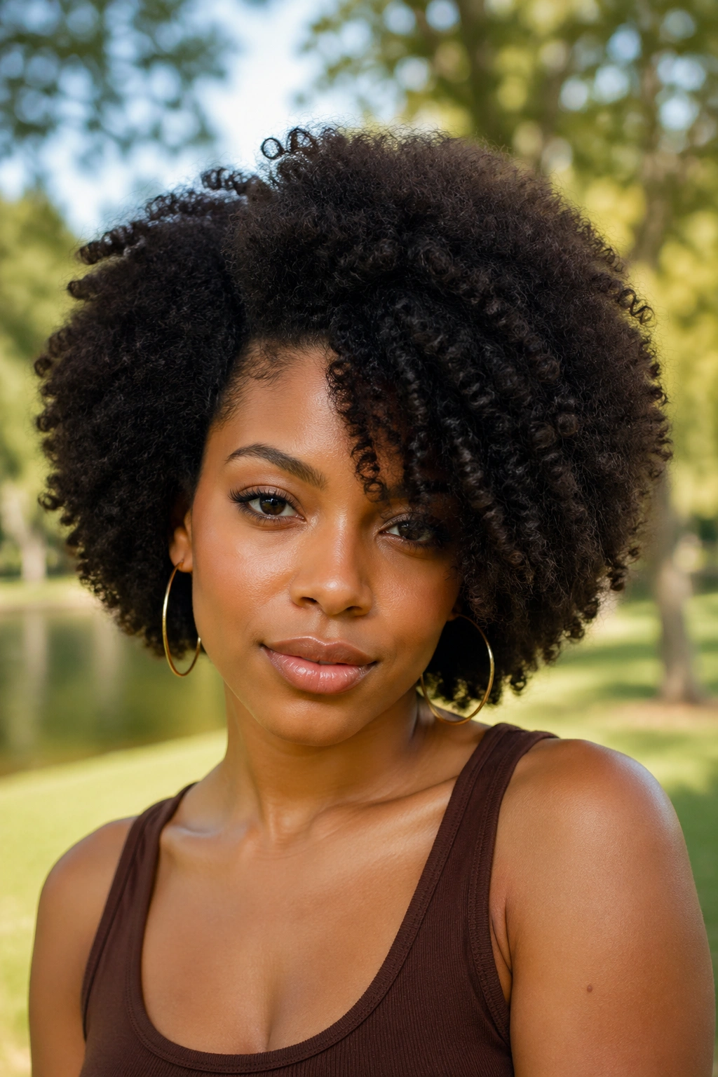 Close-up of a person with a natural Afro and side bang