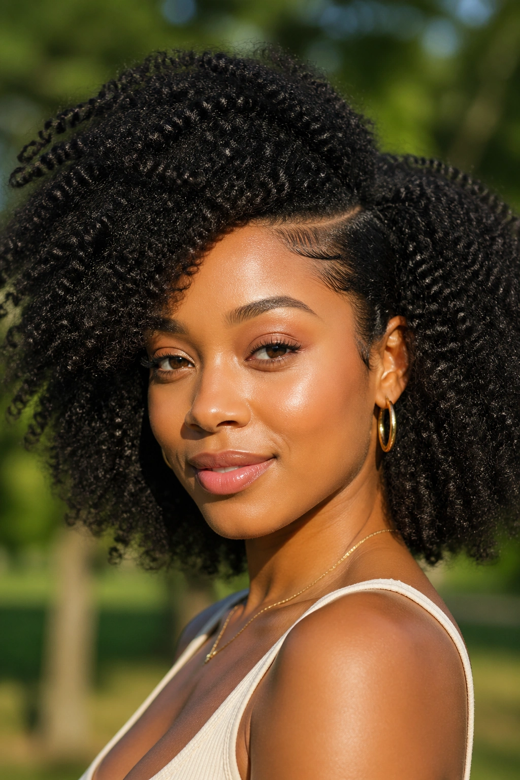 Close-up of a real person with an Afro and side part, showing subtle asymmetric volume under natural daylight.