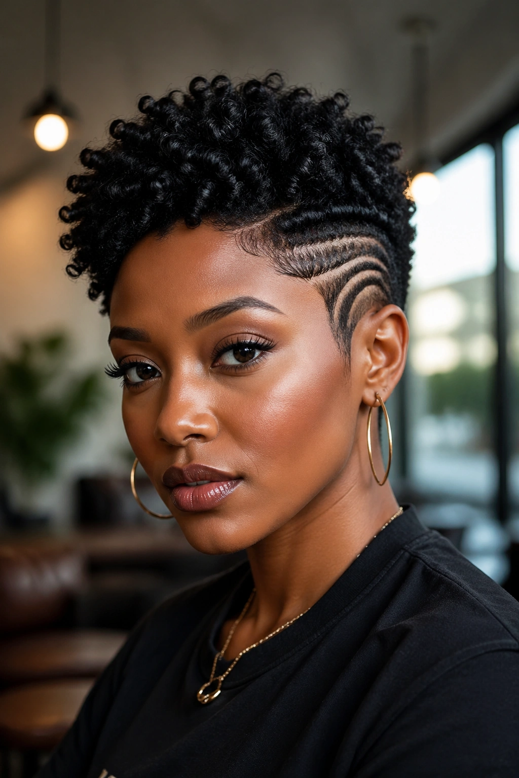 Close-up portrait of a real woman with a bold sculpted short afro in a stylish setting