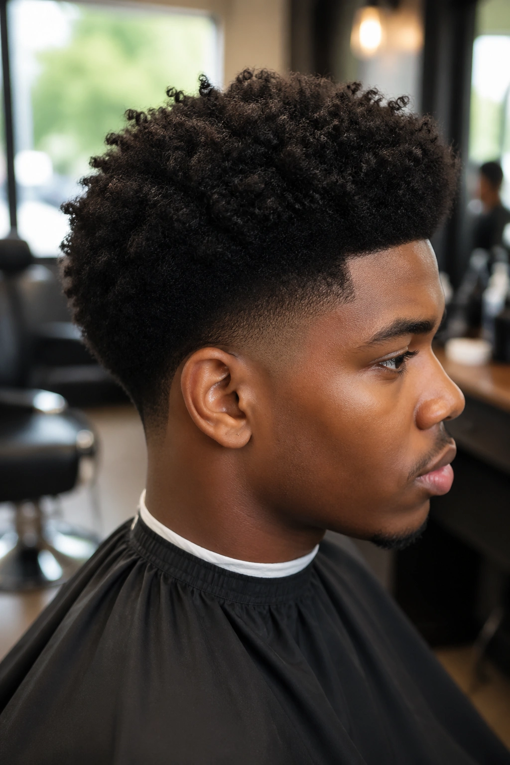 Close-up of a real person with full crown afro and tapered sides, in a barber shop setting