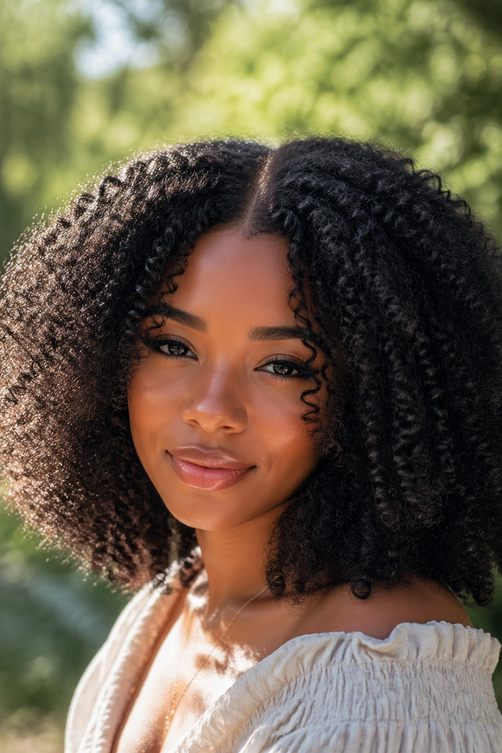 Fluffy afro-textured curls with a middle part on a real person, close-up.