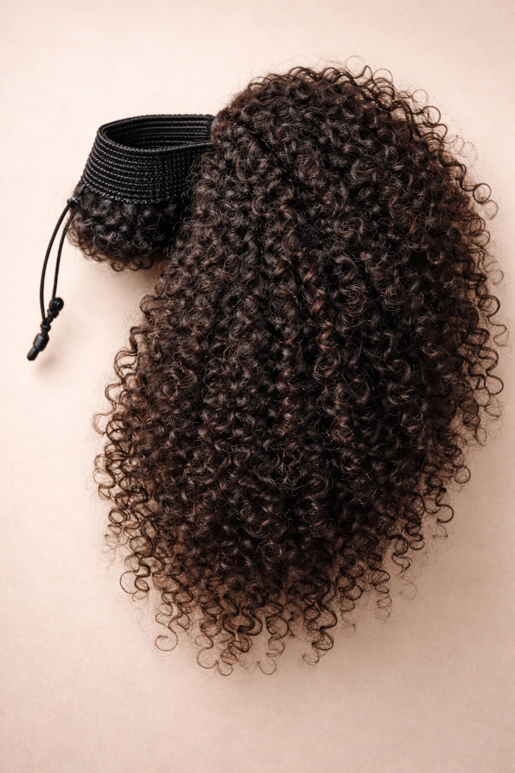 Close-up of voluminous afro-textured ponytail extension with natural curl texture and low sheen