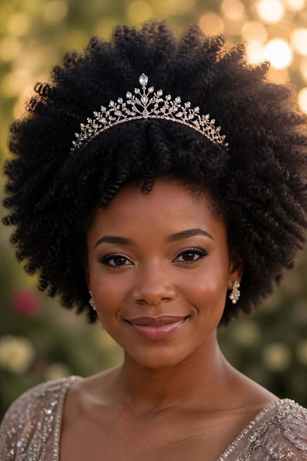 Close-up of a woman with a bold afro and tiara