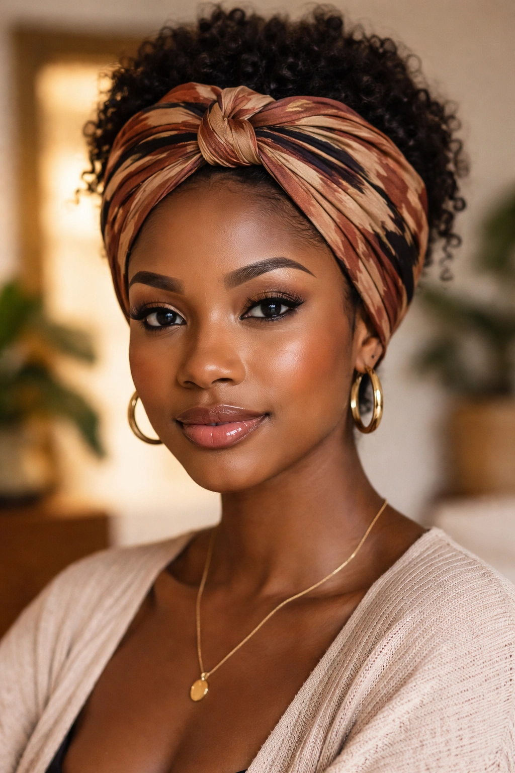 Close-up portrait of a woman wearing a front-knot turban twist with a scarf