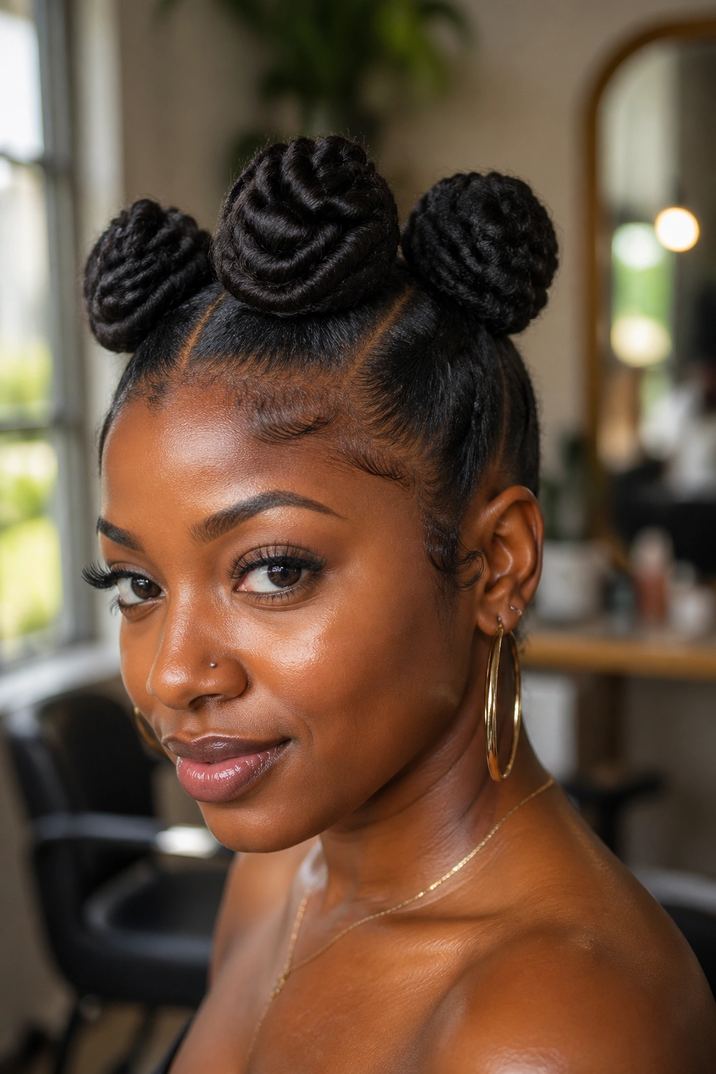 Close-up of a real woman sporting a multi-bun cluster crown with coiled buns