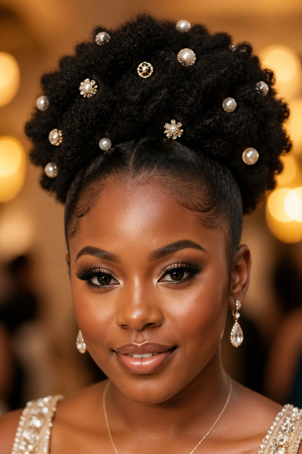 Close-up of gathered Afro with decorative pins throughout, real woman's hair with scattered pins.