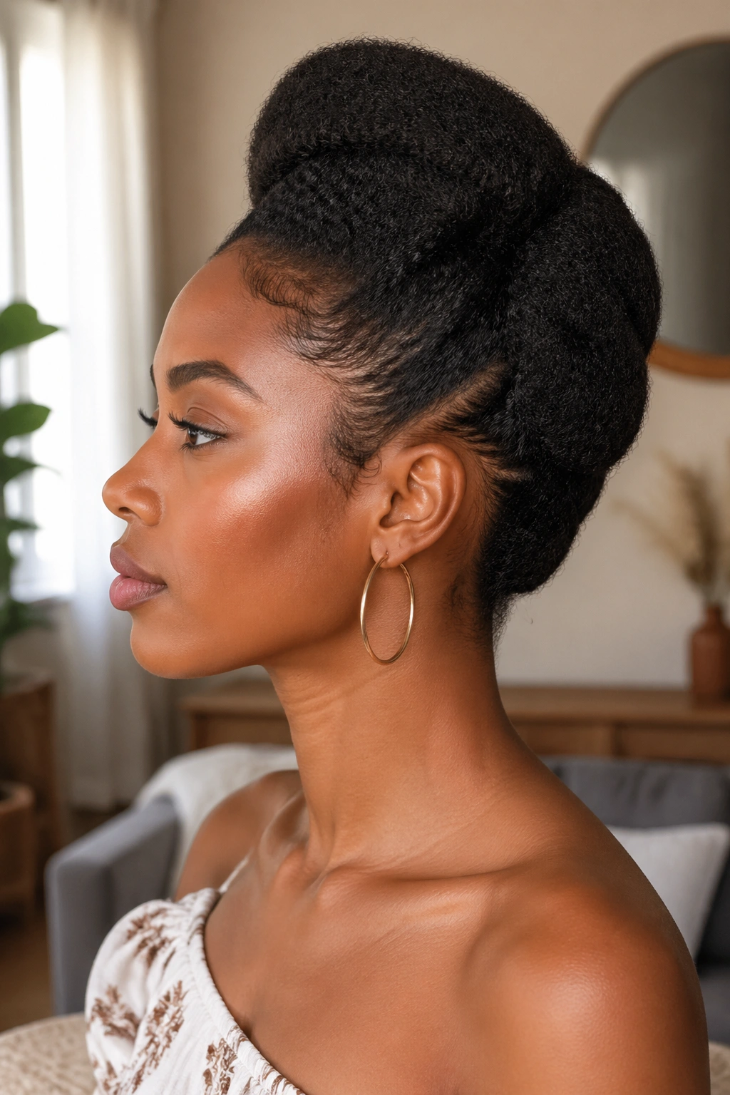 Close-up of a real woman wearing a French roll updo with natural afro hair at the nape