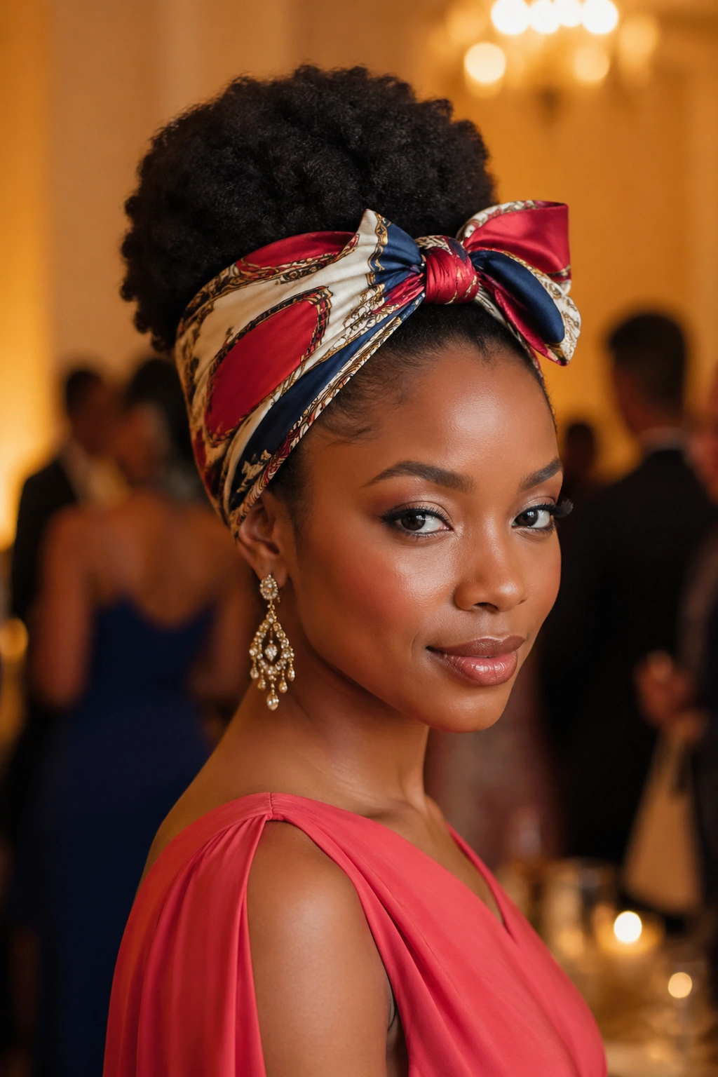 Close-up of Afro Updo with Scarf Wrap on a real woman, crown gathered hair with a colorful scarf around the base.