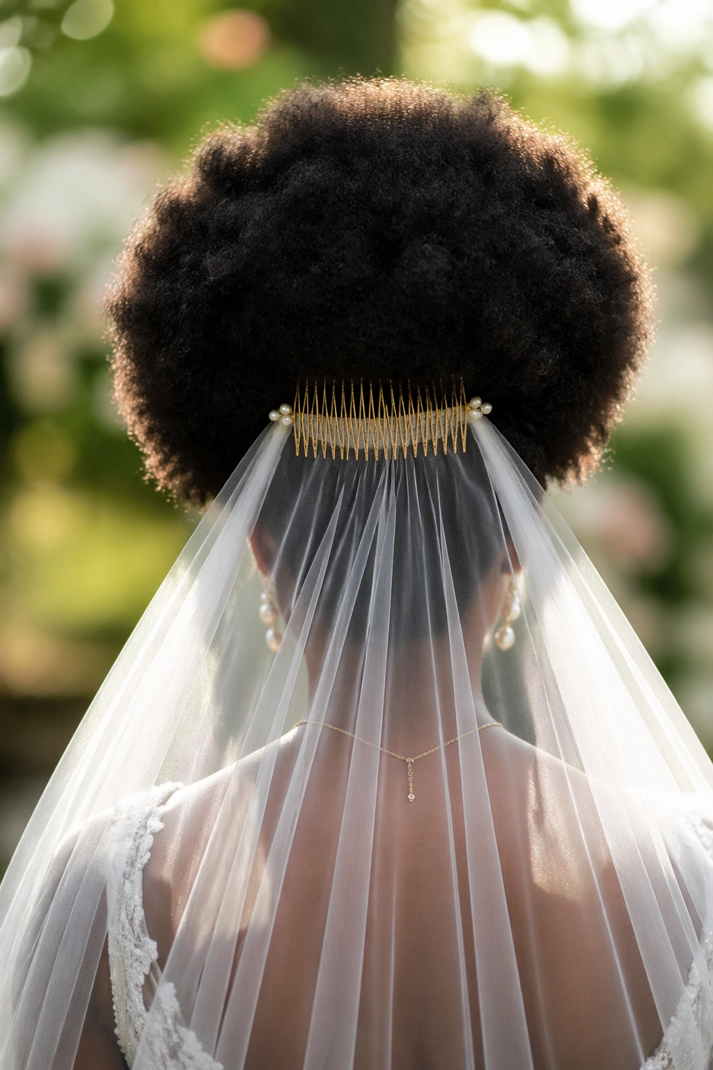 Back view of bride with Afro and draped veil