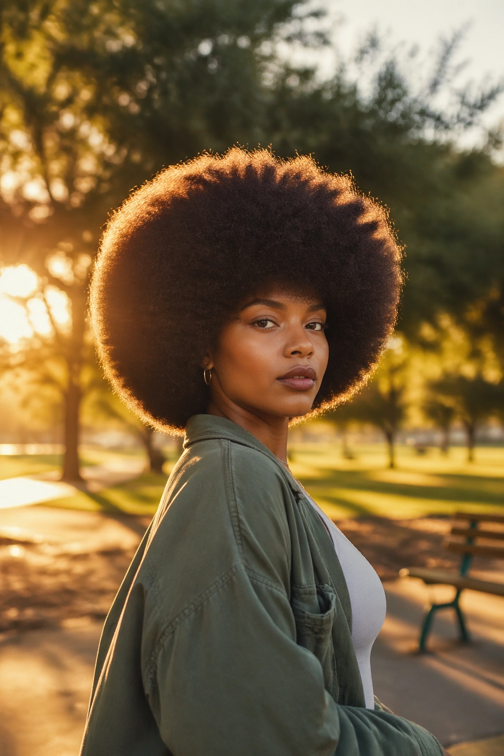Wide outdoor shot of a big rounded Afro in golden hour light.