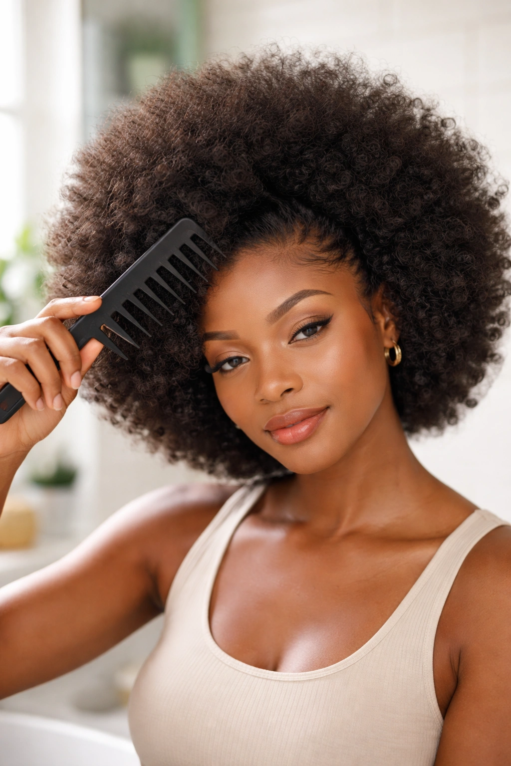 Close-up portrait of a real person with an Afro wig being groomed in a bright bathroom.