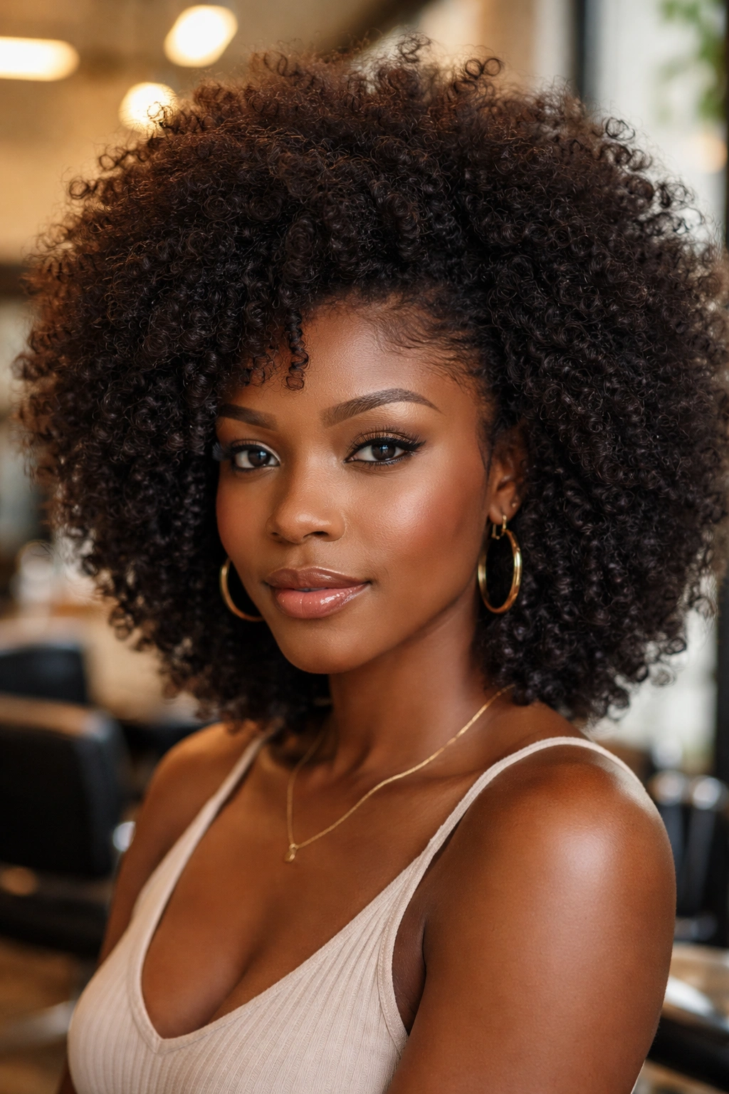 Close-up portrait of a real person wearing a natural-looking afro wig with varied curls and blended lace front