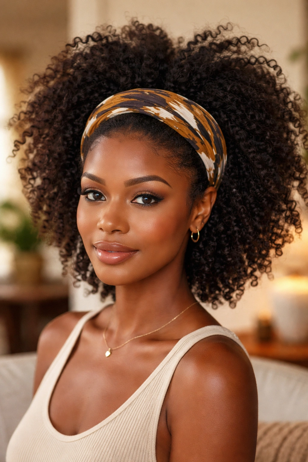 Close-up of a woman with a wire headband and voluminous natural hair below