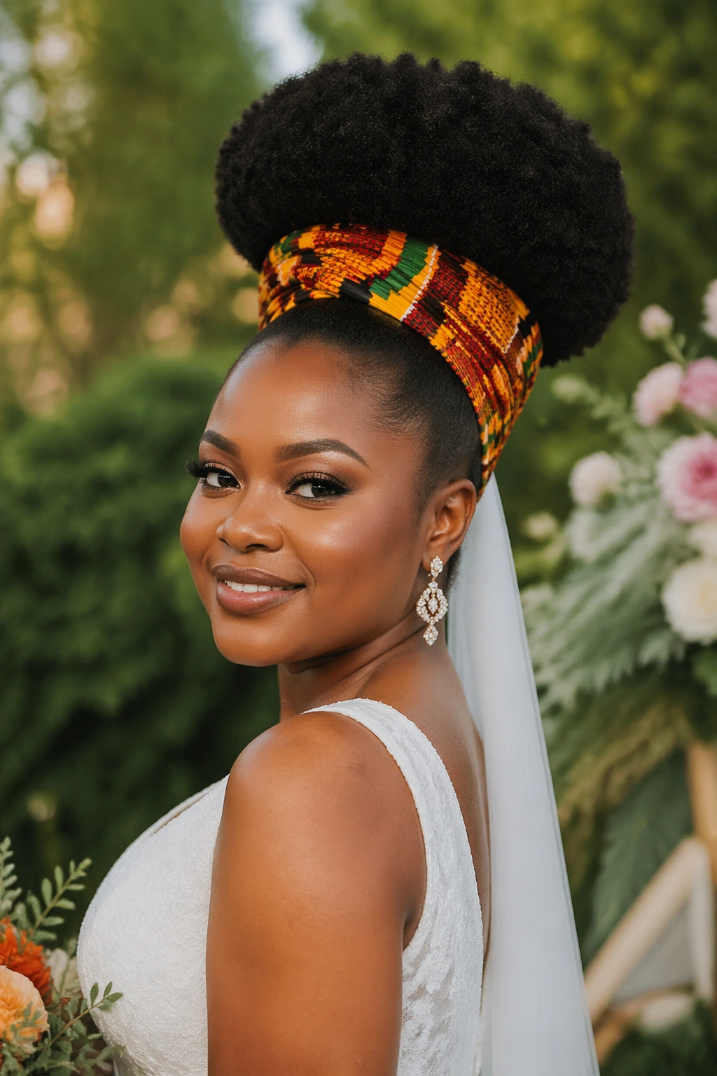 Close-up of a bride with afro and vibrant Ankara/kente hair wrap
