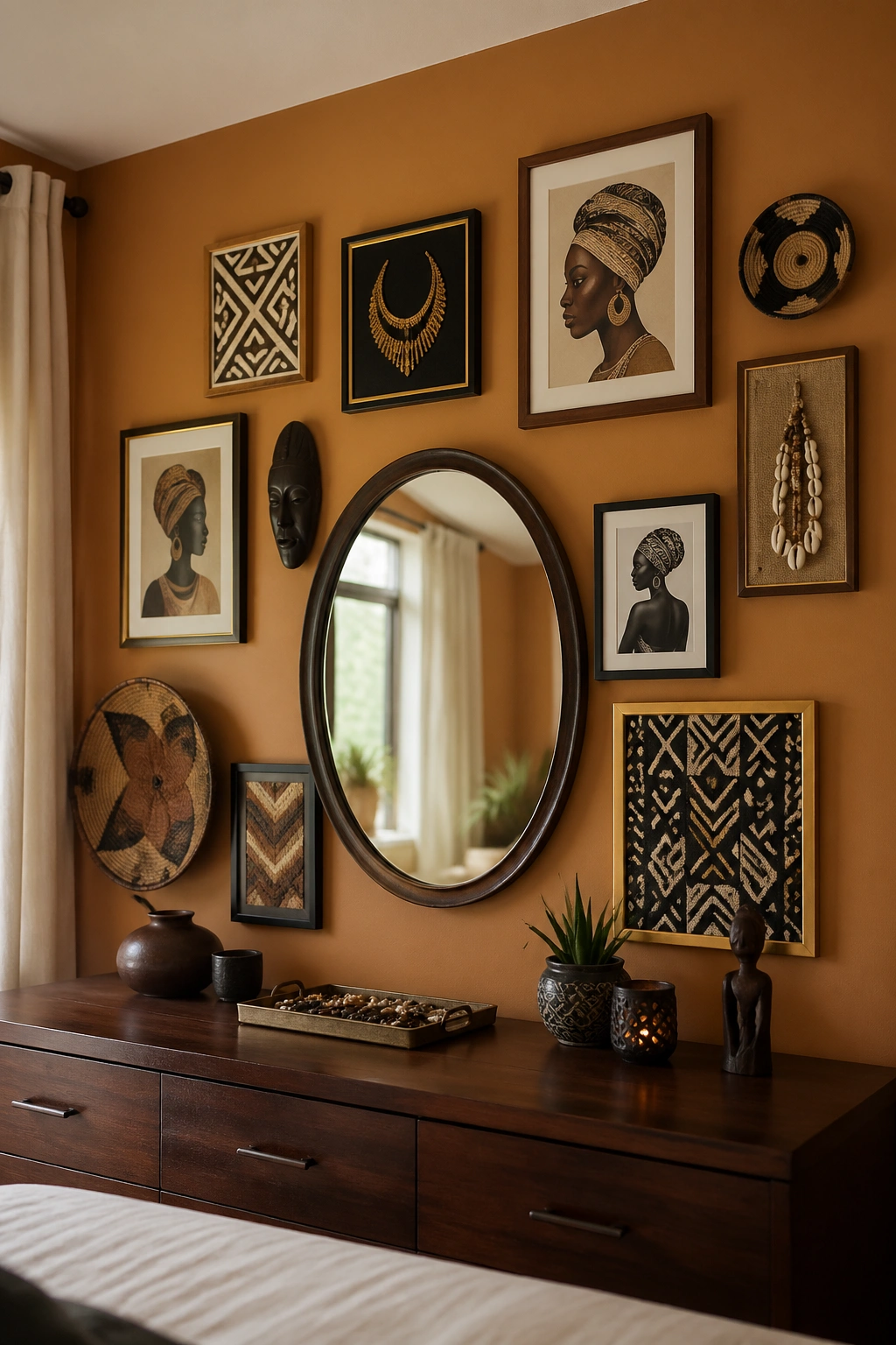 Asymmetric Afrocentric gallery wall around a dresser mirror in a bedroom