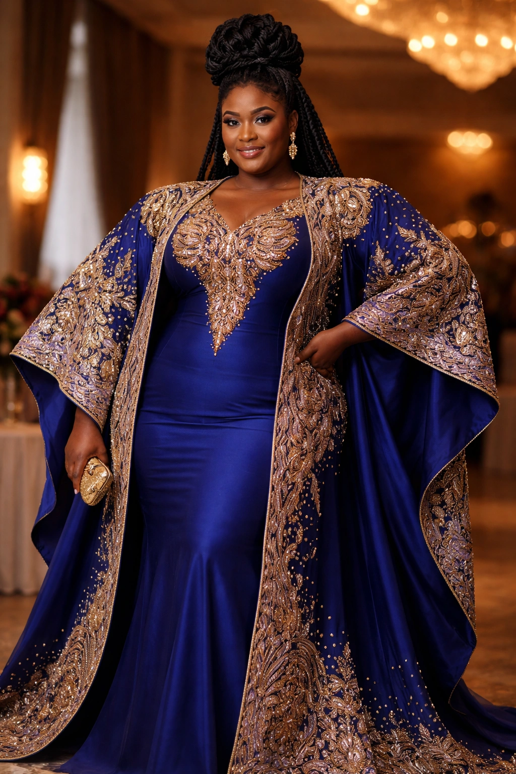 Plus-size model in agbada-inspired silhouette at formal indoor event