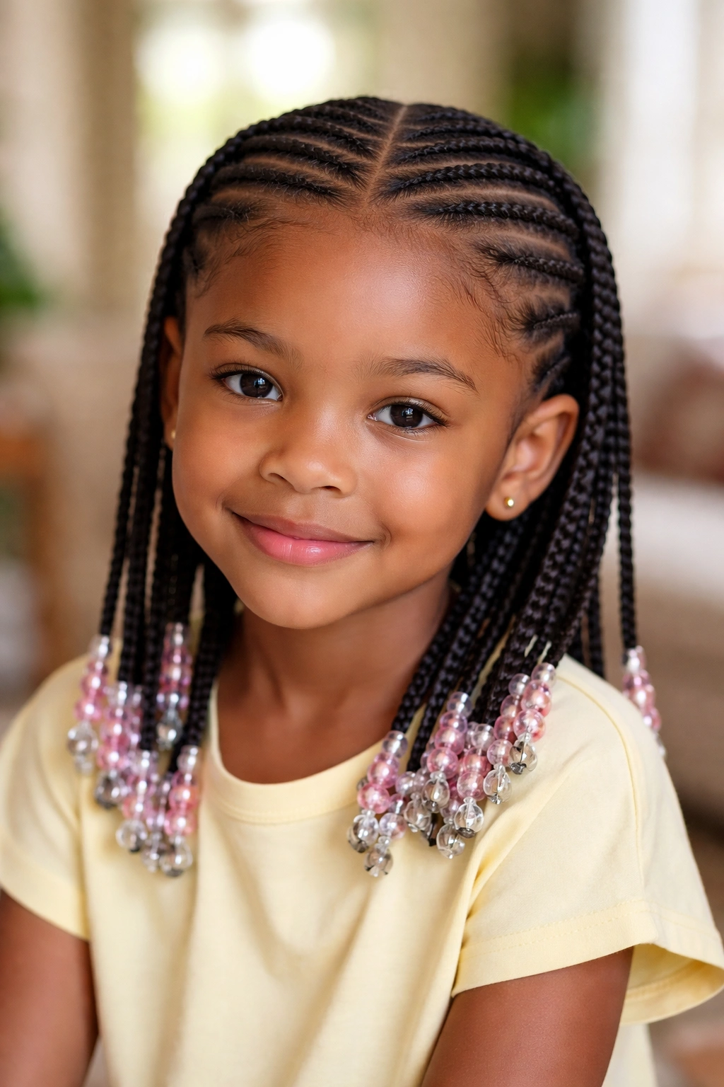 School-age girl with age-appropriate cornrows in a softly lit setting
