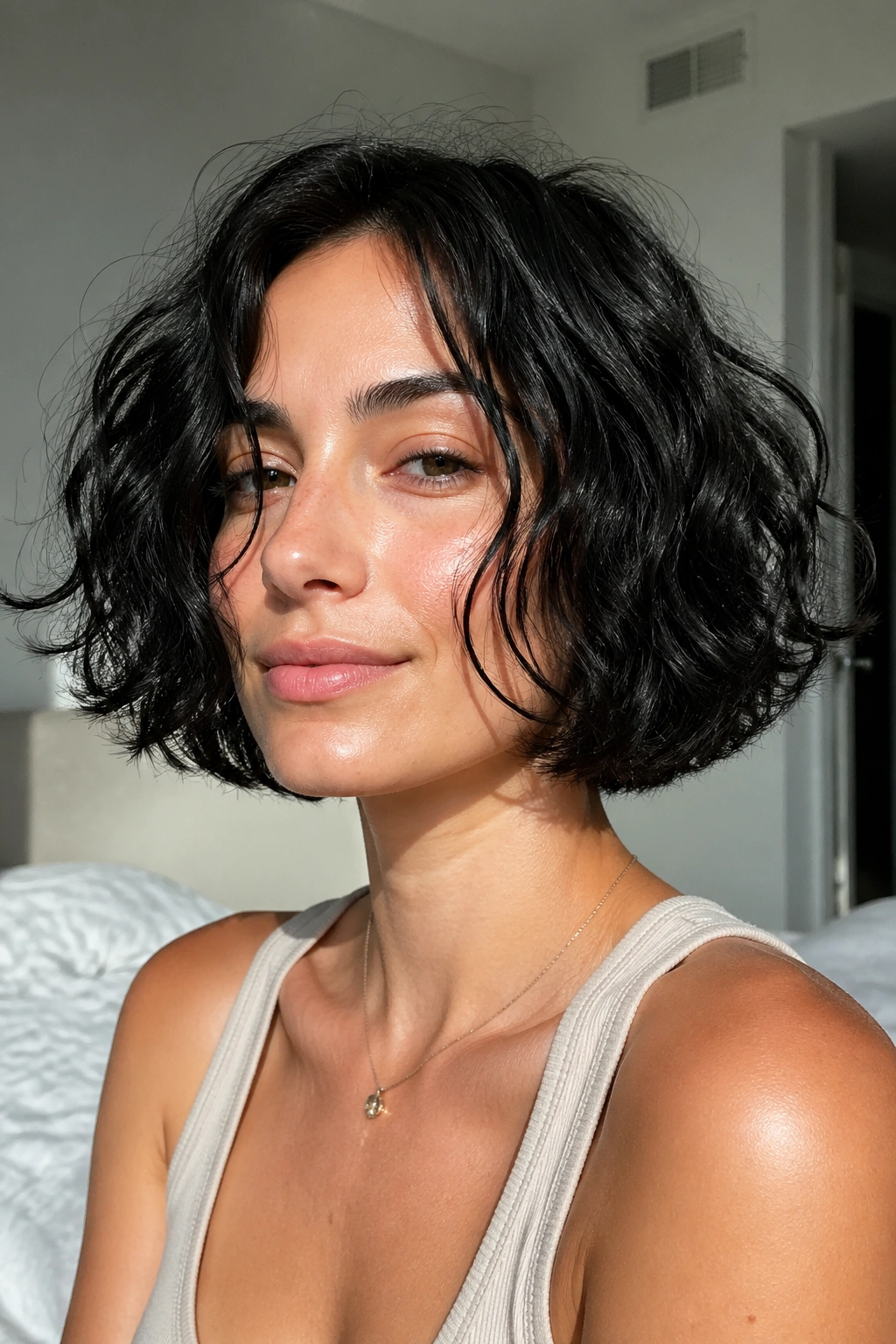 Real person with natural air-dried bob in morning light
