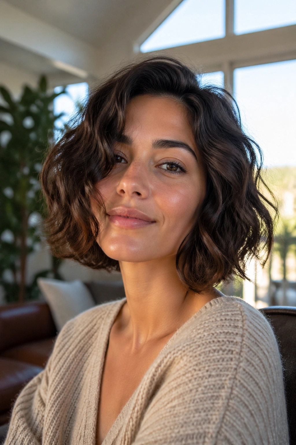 Real person with air-dried thick wavy bob in a sunlit home
