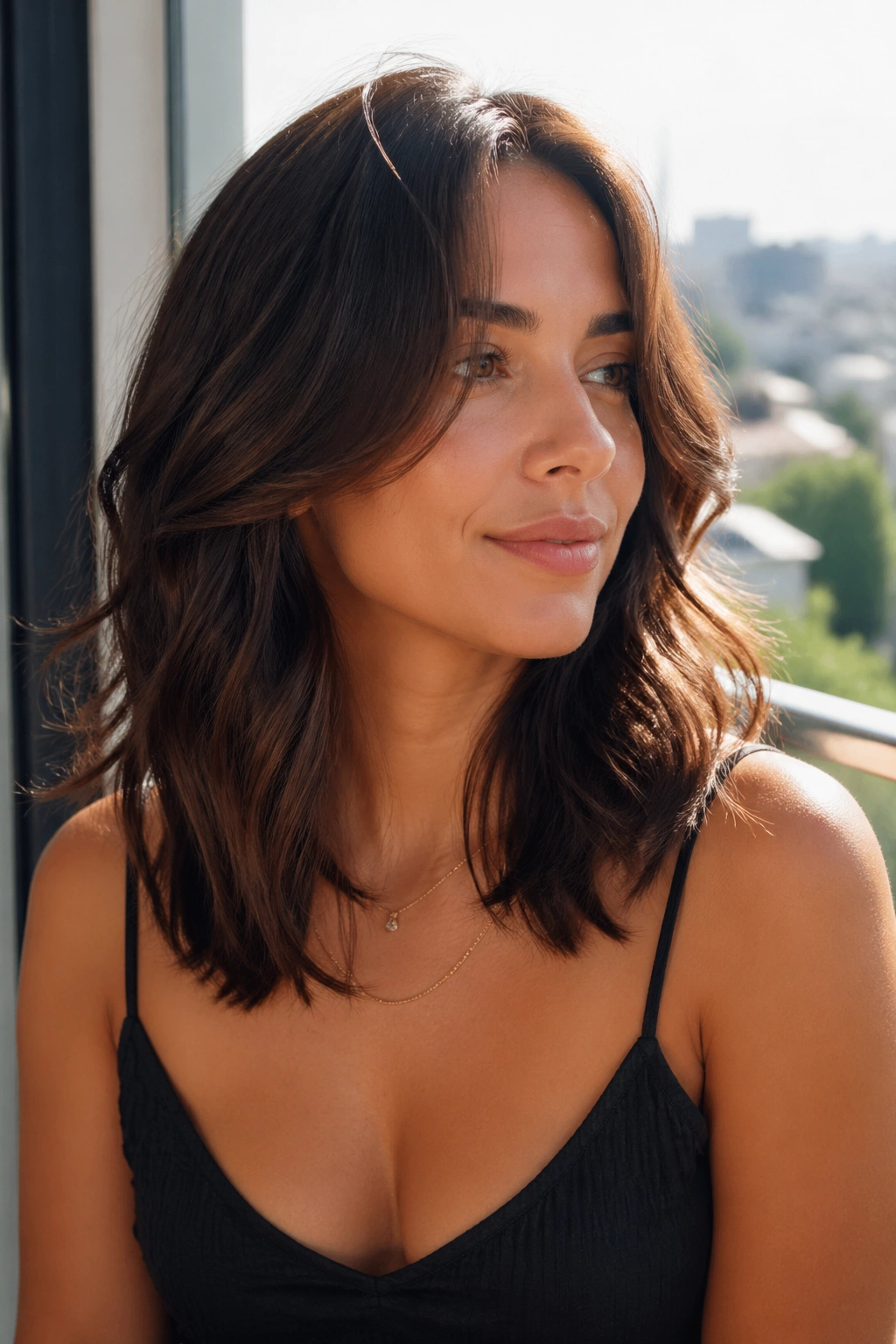 Real woman with a low-maintenance air-dried butterfly cut and natural waves.