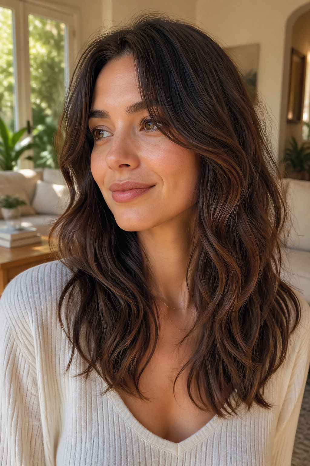 Real woman with air-dried medium layers and wavy brunette hair