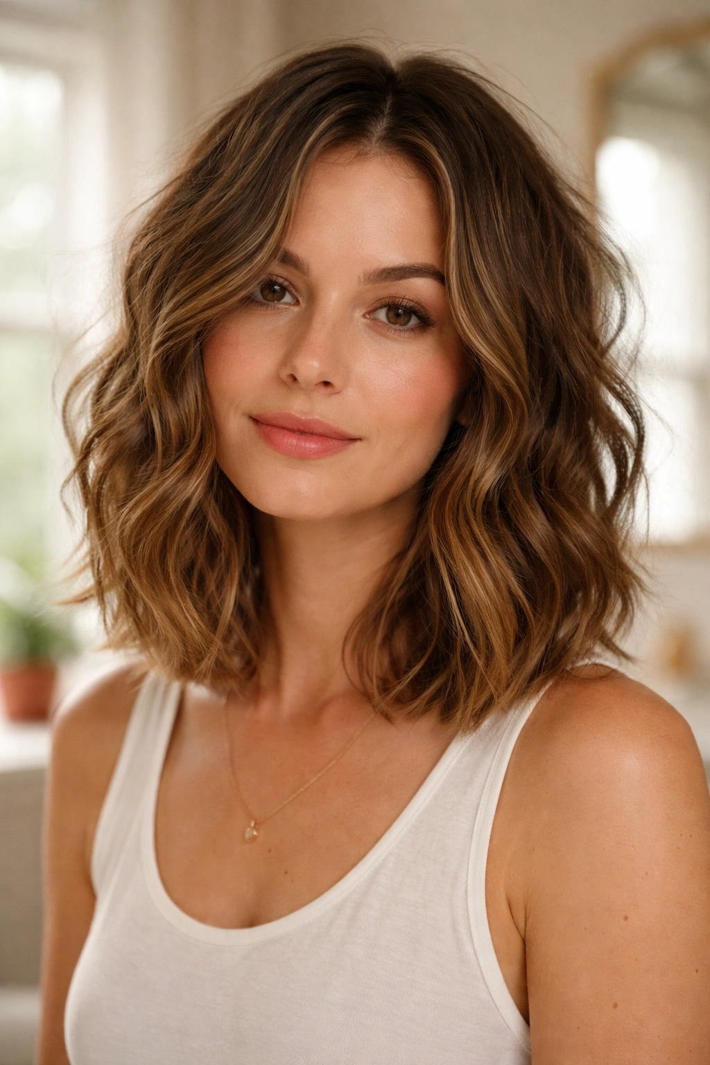 Close-up of a real woman with an air-dried undone lob in a sunlit bathroom